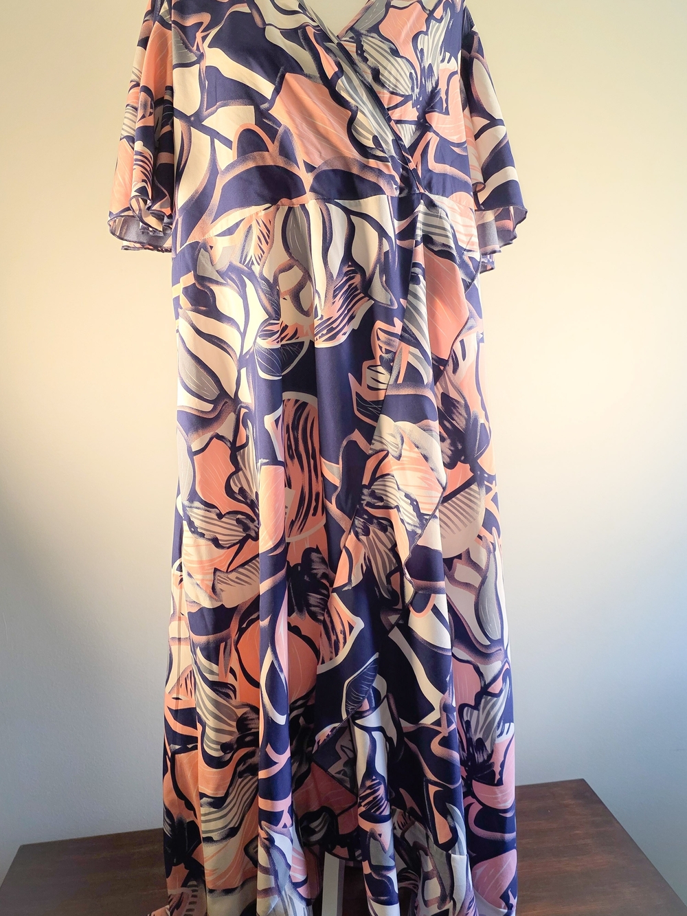 SHEIN CURVE 3XL Floral Maxi Dress Navy Pink White Flutter Sleeve Plus Size